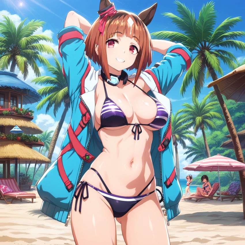 ai_generated animal_ears beach bikini brown_hair female horse_girl markings_on_hair red_eyes ribbon_in_hair swimwear transcend_(umamusume) umamusume umamusume_pretty_derby