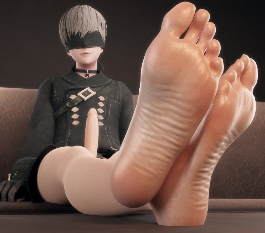 1boy 3d blindfold bottomless clothing erect_penis erection feet femboy foot_fetish foot_focus giant_femboy low-angle_view male male_only mrgtsfloop nier nier:_automata penis short_hair trap white_hair yorha_9s