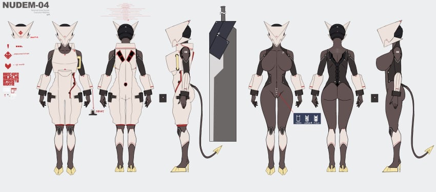 16:9 1girls absurd_res armor ass big_breasts buta99 character_sheet female female_only grey_body heels helmet multiple_views nudem-04_(buta99) robot robot_girl solo tail widescreen