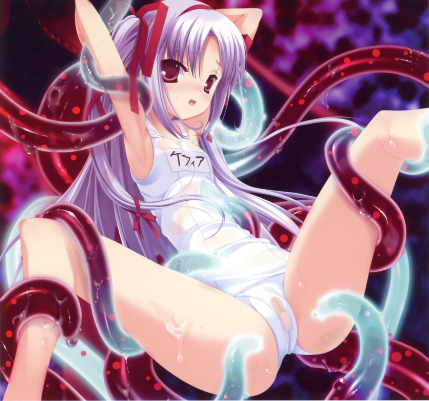 armpits arms_up bandaid bandaid_on_pussy hagiwara_onsen highres long_hair momono_shiori one-piece_swimsuit purple_hair red_eyes restrained ribbon school_swimsuit see-through smile spread_legs swimsuit tentacle tied_hair twintails very_long_hair wet wet_clothes white_school_swimsuit