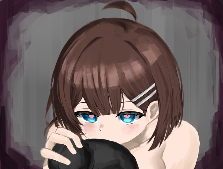 1girls blue_eyes blush brown_hair completely_nude female female_focus hand_on_penis heart-shaped_pupils hod_(lobotomy_corporation) library_of_ruina looking_at_viewer nude nude_female penis project_moon short_hair