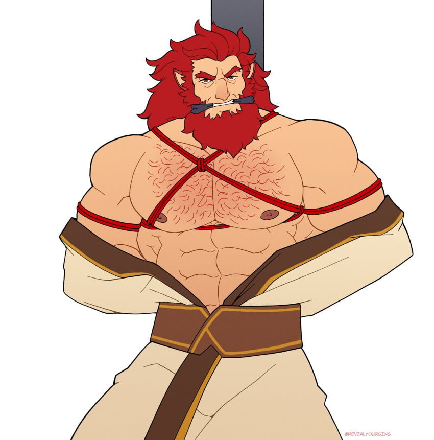 animal_ears balls bara beard body_hair bulge caineghis_(fire_emblem) facial_hair fire_emblem flaccid gag gagged male male_only muscles muscular nintendo penis revealyoursins solo solo_male