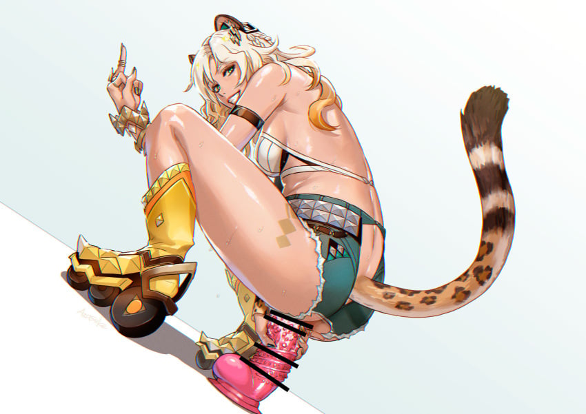 animal_ears armband ass azasuke back bar_censor blonde_hair bracelet braid breasts censored clothing_cutout commentary_request cutoffs dildo dildo_riding dutch_angle female female_masturbation fingernails full_body genshin_impact green_eyes grin hair_ornament hand_up high-waist_shorts highres inline_skates jewelry leaning_forward long_hair looking_at_viewer masturbation medium_breasts middle_finger multicolored_hair no_panties object_insertion orange_hair outstretched_arm roller_skates sex_toy shiny_skin short_shorts shorts skates smile solo squatting suction_cup_dildo sweat tail tan thigh_marking torn_clothes torn_shorts vaginal_object_insertion vaginal_penetration xilonen_(genshin_impact)