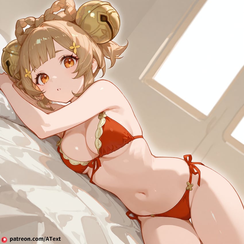 ai_generated bikini blonde_hair breasts genshin_impact large_breasts looking_at_viewer lying navel on_bed orange_eyes yaoyao_(genshin_impact)