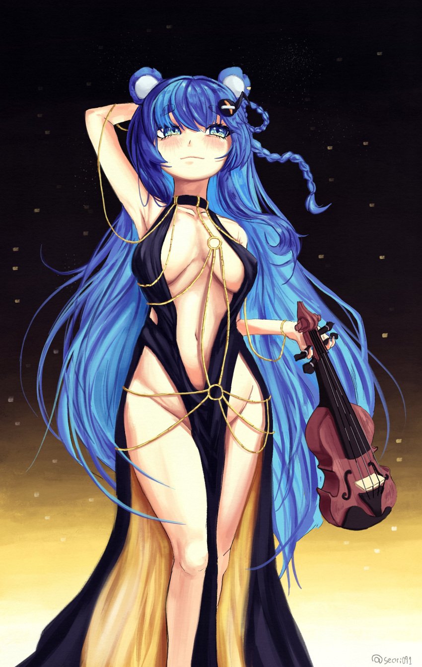 1girls animal_ears armpit bear_ears bear_girl belly_button blue_hair breasts clothed clothing dress female female_only fujikura_uruka green_eyes huge_breasts instrument light-skinned_female light_skin musical_instrument phase_connect phase_origins seori091 solo violin