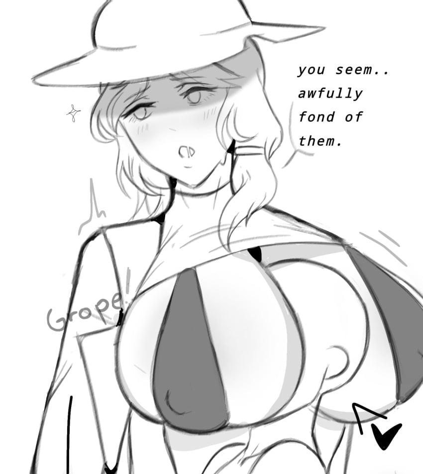 1female ambiguous_gender big_breasts blush face_on_breast flustered flustered_female forsaken_(roblox) groping_breasts jane_doe_(roblox) looking_away wide_brimmed_hat