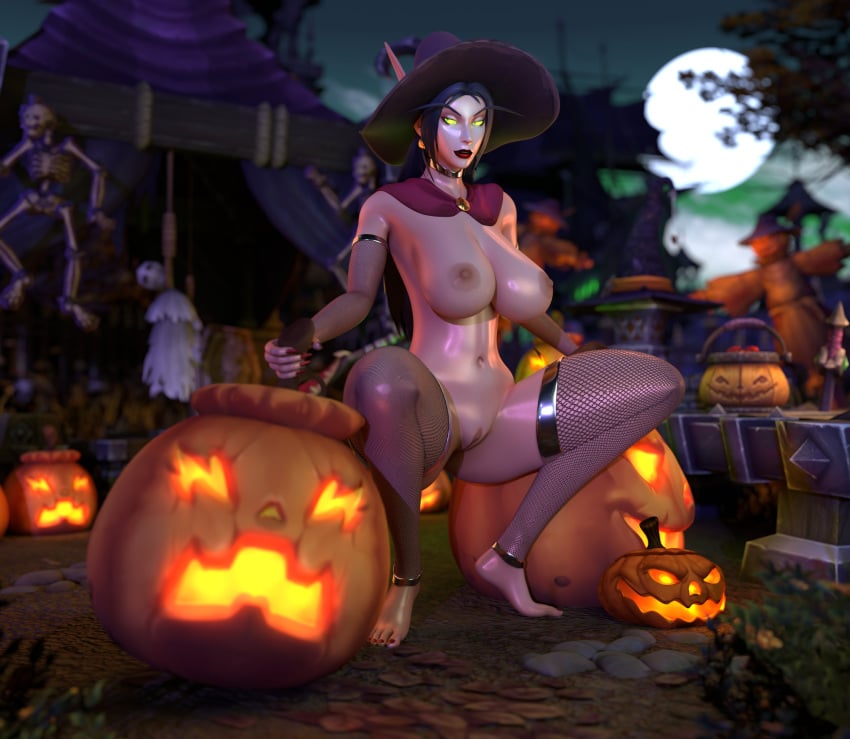 1girls 3d big_breasts black_hair blizzard_entertainment blood_elf ena_dawnstrike female female_only halloween huge_breasts light-skinned_female light_skin mrtaxman nude pussy solo squatting stockings thick_thighs voluptuous voluptuous_female warcraft wide_hips witch_hat world_of_warcraft