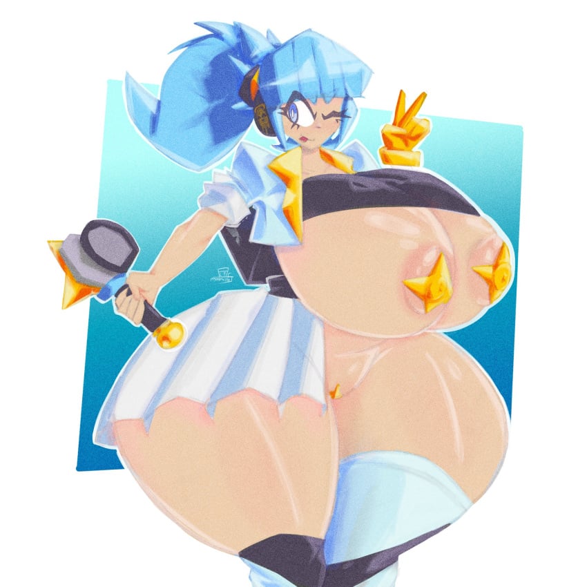 1girls alesmadness1 big_areola blinking blue_eyes blue_hair brawl_stars curve curves curvy cute_face earphones gigantic_breasts glove huge_thighs janet_(brawl_stars) looking_at_viewer micro_bikini microphone one_eye_closed peace_sign simple_background smiling_at_viewer thick_thighs tongue_out useless_clothing v wide_hips wink