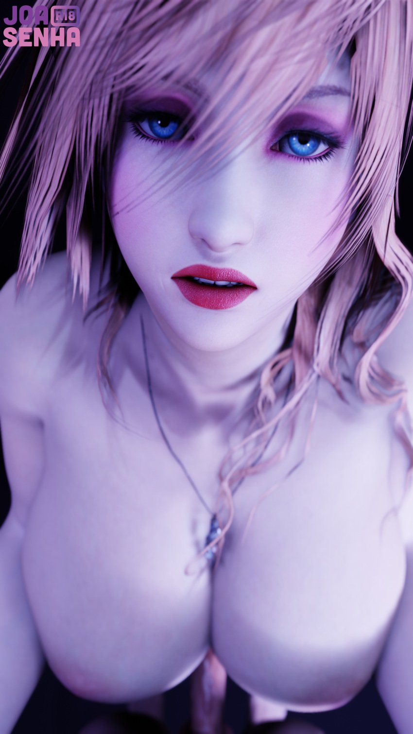 éclair_farron 1boy 1girl1boy 3d 3d_(artwork) big_breasts blue_eyes claire_farron cock dark_background female final_fantasy final_fantasy_xiii huge_breasts joasenha large_breasts light-skinned_female light-skinned_male looking_at_viewer penis pink_hair pov pov_eye_contact red_lipstick sensual