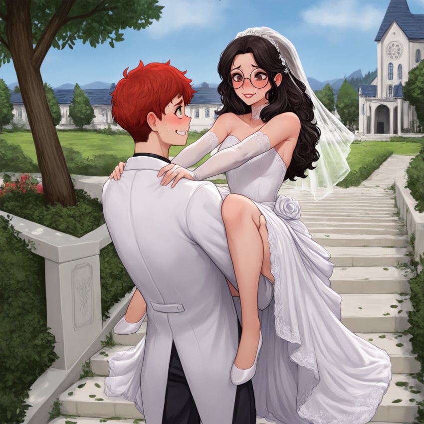 black_hair church cosine cute gentleman no_sex red_hair redhead_male wedding_dress white_suit