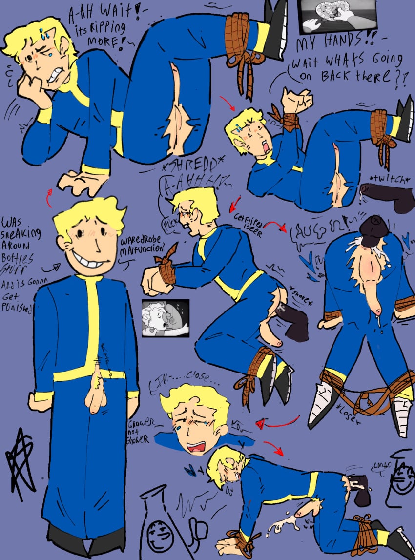 bottle_(fallout) cum dick fallout fallout_4 gay gay_male gay_sex indecent_exposure skinny tied_up toony vault_boy