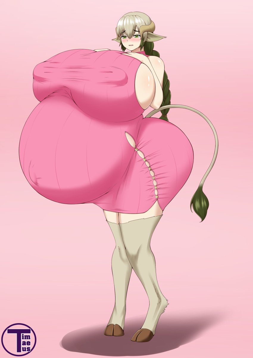 1girls artist_name belly bloated_belly blush braid breasts breasts_bigger_than_head cow_ears cow_girl cow_horns cow_tail dress female female_focus gigantic_belly gigantic_breasts green_eyes green_hair hands_on_own_chest hyper hyper_belly hyper_breasts hyper_pregnancy monster_musume_no_iru_nichijou nipple_bulge pink_background pink_dress pregnant pregnant_female ready_to_pop round_belly shy simple_background standing tight_clothing timaeus two_tone_hair urt_(monster_musume)