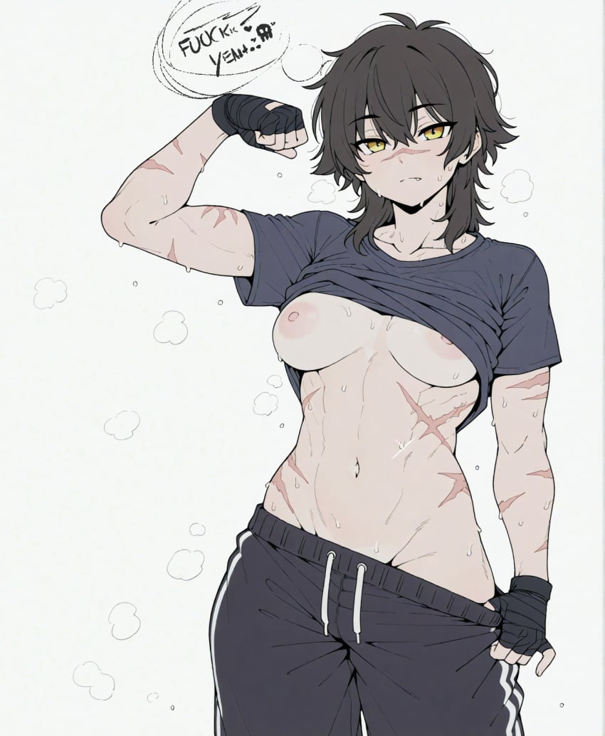 abs ai_assisted bangs black_gloves black_hair black_shirt breasts brown_hair closed_mouth clothes_lift clothes_pull collarbone cowboy_shot female fingerless_gloves gloves groin hair_between_eyes large_breasts lifted_by_self looking_at_viewer medium_breasts muscular muscular_female navel nipples no_bra pants pants_pull scar scar_on_arm scar_on_cheek scar_on_chest scar_on_face scars shirt shirt_lift short_hair short_sleeves simple_background solo sondu sweat sweatpants tomboy track_pants white_background wolf_cut yellow_eyes