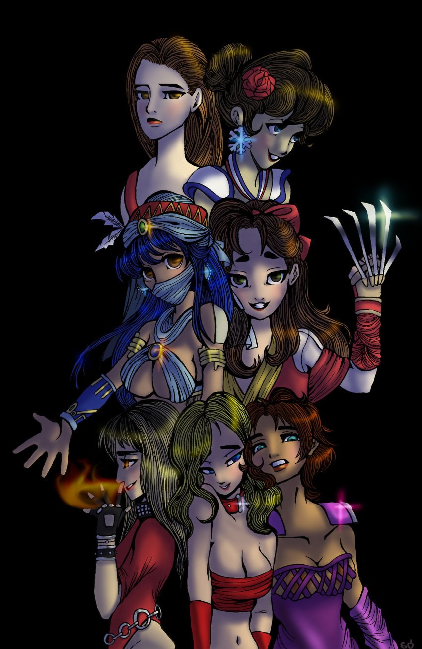 7girls arabian_moon black_background blonde_hair blood_warrior bloodstorm blue_hair brown_hair crossover female female_only karla_keller kasumi obscured_character perfect_soldiers simple_background spice sprinklenuts survival_arts tagme tasha tattoo_assassins tempest_(bloodstorm) timeslaughter ultra_vortek volcana