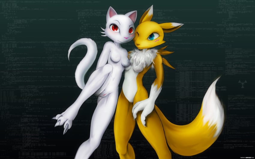 16:10 anthro breasts canine clitoris darkdoomer digimon feline female female_only fox furry highres kittie multiple_females nude pussy red_eyes renamon wallpaper widescreen yuri