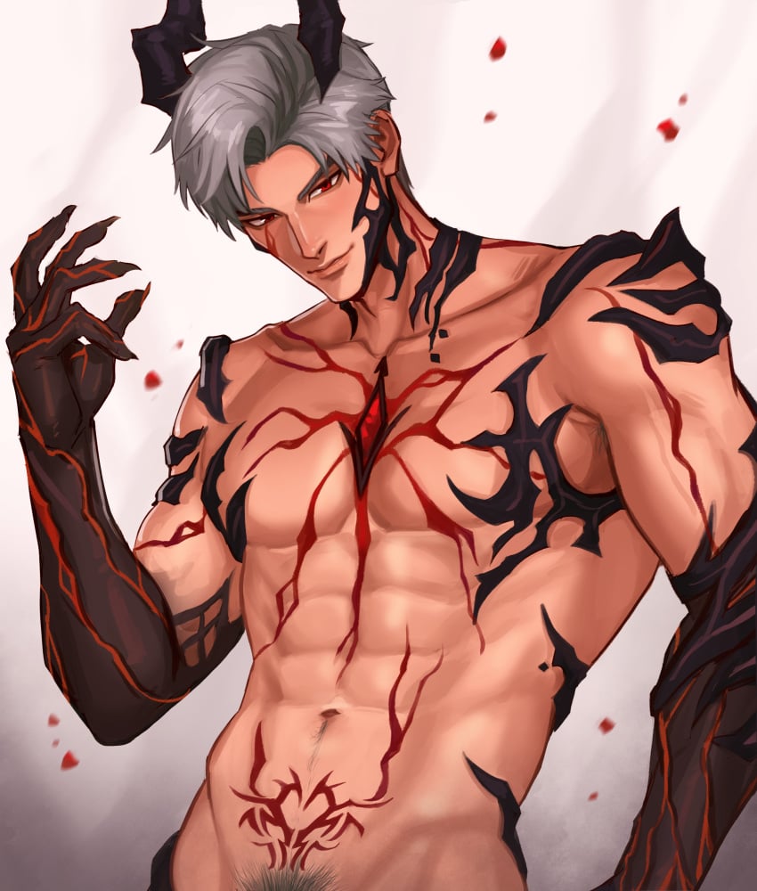 1boy abs absurd_res bushy_pubes cropped demon demon_horns gray_hair incubus love_and_deep_space male_only muscular muscular_male red_eyes red_tattoo sombre_slahc sylus_(love_and_deep_space)