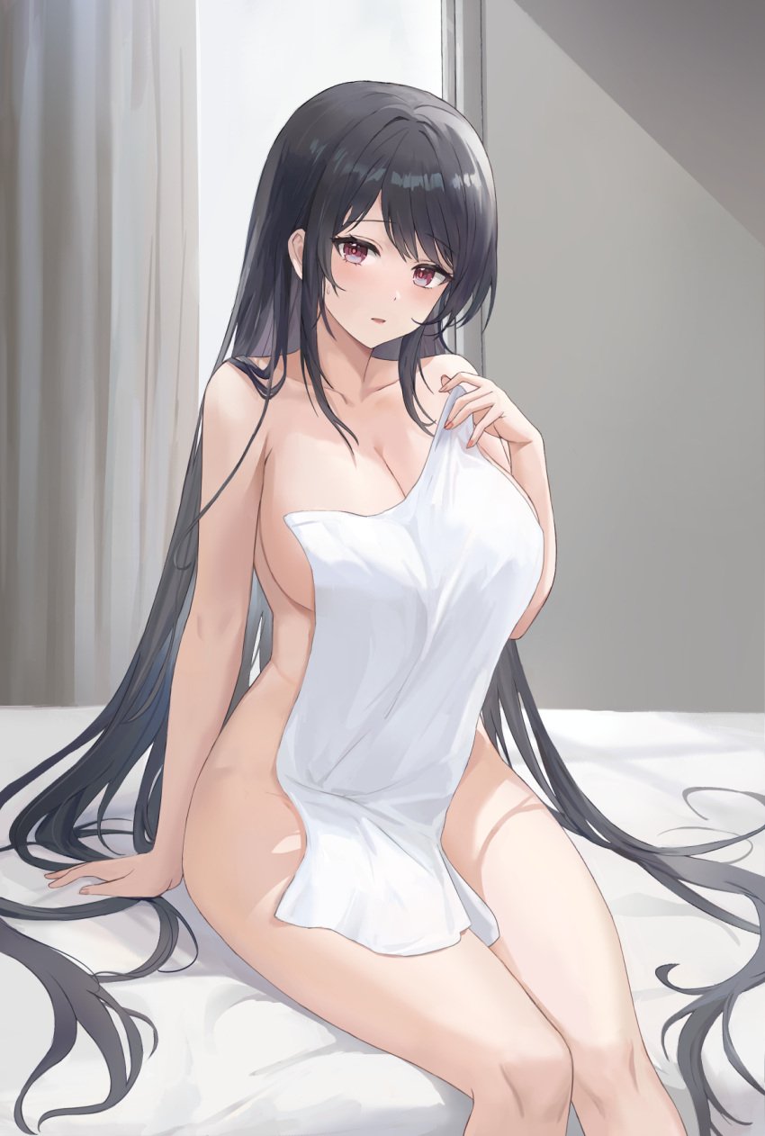 1girls azur_lane bare_shoulders bed black_hair blush breasts chen_hai_(azur_lane) cleavage collarbone curtains dragon_empery_(azur_lane) female female_only highres kuza_brs large_breasts light-skinned_female light_skin long_hair looking_at_viewer naked_towel parted_lips purple_eyes sideboob sidelocks sitting solo swept_bangs thighs towel very_long_hair window