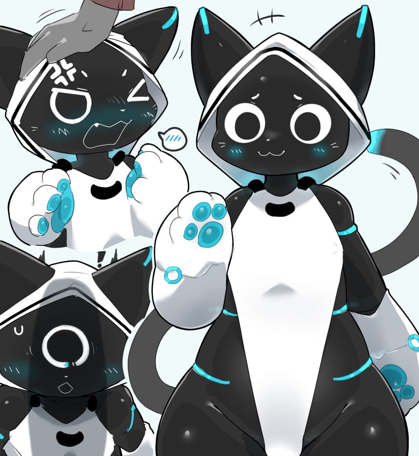 2025 3_fingers :3 absurd_res ambiguous_anthro ambiguous_gender android anthro anthro_focus anthrofied bellabot biped black_body black_ears black_eyes black_inner_ear black_skin black_tail blue_markings blue_pawpads blue_tail_tip blush blush_lines blush_symbol bust_portrait clothed clothing colored cross-popping_vein cute_fangs digital_media_(artwork) dipstick_tail disembodied_hand domestic_cat duo ear_markings fangs felid feline felis fingers flustered front_view fully_clothed glistening glistening_body glistening_skin gloves_(marking) half-length_portrait headpat hi_res hood kemono kyameta loading_screen looking_at_viewer machine male_(lore) mammal markings multicolored_body multicolored_skin multicolored_tail multiple_images pawpads paws pear-shaped_figure penis_shadow petting pictographics portrait pudu_robotics robot screen screen_face shaded simple_background smile solo solo_focus speech_bubble standing tail tail_markings teeth thick_thighs two_tone_tail white_background white_body white_clothing white_hood white_nose white_skin wide_hips