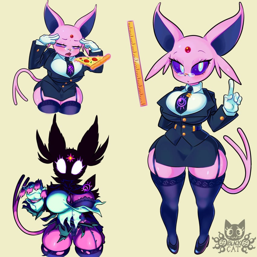 69blackcat69 anthro ass big_ass big_breasts big_butt breasts eevee eeveelution eifie_(pokemon) espeon felid feline felis female generation_1_pokemon generation_2_pokemon nintendo pink_body pizza pokemon pokemon_(species) uniform wide_hips