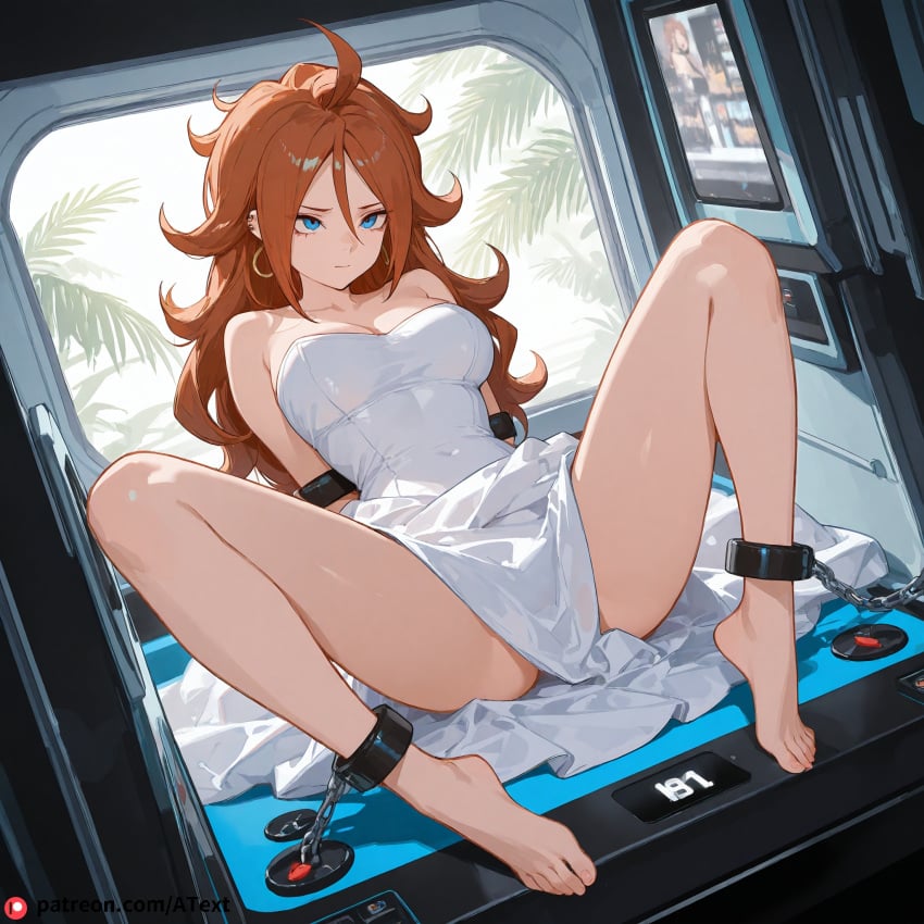 ai_generated android_21 arms_restrained beautfiul_background blue_eyes breasts dragon_ball dragon_ball_fighterz feet large_breasts orange_hair spread_legs toes wedding_dress white_dress woman_stuck_inside_arcade_game