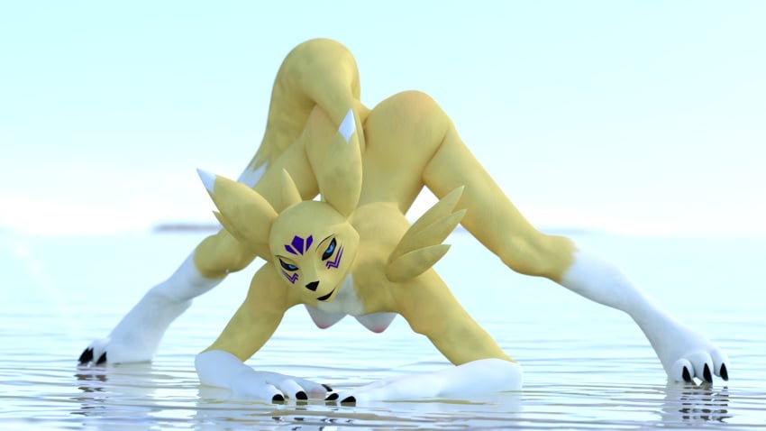 16:9 3d_(artwork) all_fours anthro ass_up bandai_namco breasts daz_studio_(artwork) digimon digimon_(species) digital_media_(artwork) female hi_res jack-o'_pose littlefisky looking_at_viewer nude pose smile smiling_at_viewer solo taomon widescreen yellow_body