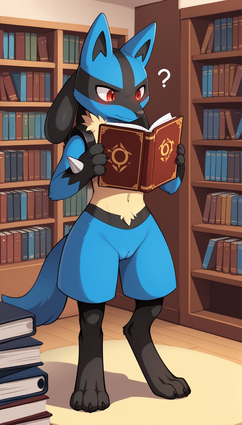 2025 ai_generated anthro black_fur blue_eyes blushing book confusion cuntboy digitigrade generation_4_pokemon hi_res holding_object indoors innie_pussy intersex looking_at_viewer lucario nintendo nude pokemon pokemon_(species) pussy question_mark reading red_eyes spikes