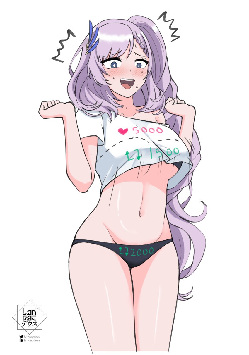 1girls belly_button black_panties blue_eyes blush breasts embarrassed female female_only grey_hair hololive hololive_indonesia hololive_indonesia_holoro huge_breasts landacdeus light-skinned_female light_skin like_and_retweet like_icon panties pavolia_reine retweet_icon simple_background solo virtual_youtuber white_background