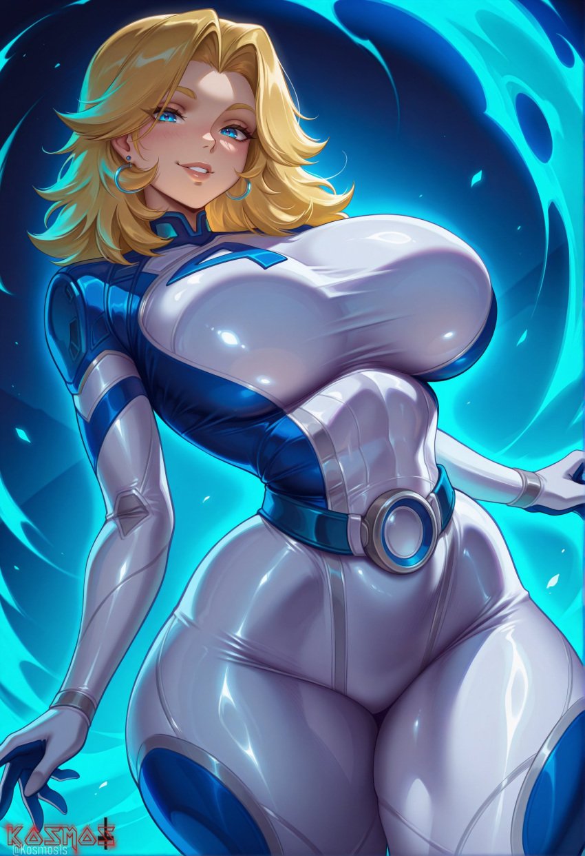 ai_generated athletic_female bare_thighs blonde_hair blue_eyes bodysuit fantastic_four gigantic_breasts huge_breasts huge_thighs invisible_woman invisible_woman_(marvel_rivals) kosmos1s light-skinned_female light_skin long_hair looking_at_viewer marvel marvel_comics marvel_rivals massive_breasts mature_female milf pussy_visible_through_clothes smiling solo_female squatting sue_richards sue_storm sweat sweatdrop thick_body thick_female thick_thighs thighs voluptuous voluptuous_female