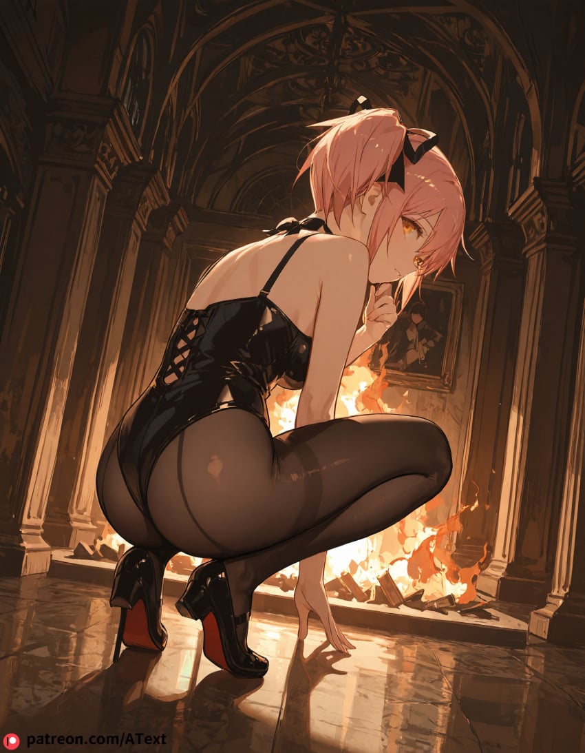 ai_generated ass fire from_behind large_breasts looking_at_viewer looking_back madoka_kaname mahou_shoujo_madoka_magica orange_eyes pink_hair puella_magi_madoka_magica sigh squatting