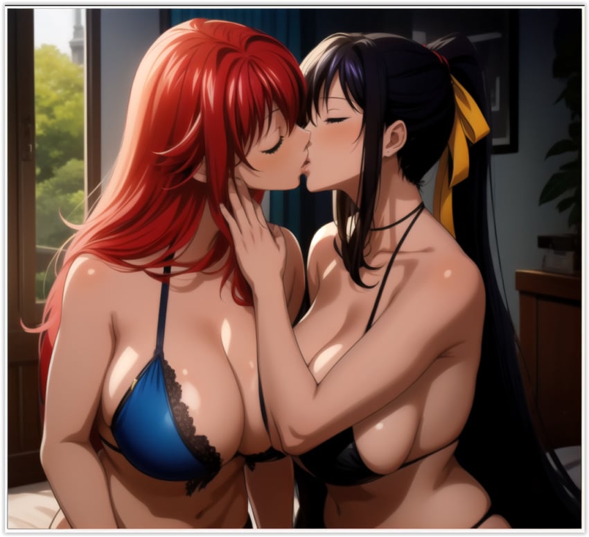 2girls ai_generated akeno_himejima flirting girl_on_girl high_school_dxd kissing lesbian_couple lesbian_kiss lesbian_sex lingerie lovers rias_gremory valentine's_day yuri yuri yuri