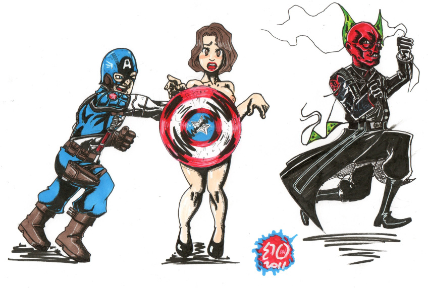 1girls areola bald blue_eyes blush breasts brown_eyes brown_hair captain_america captain_america_(series) clothed dragonhorse10 female high_heels marvel mask nipples open_mouth peggy_carter red_skin red_skull shield steve_rogers