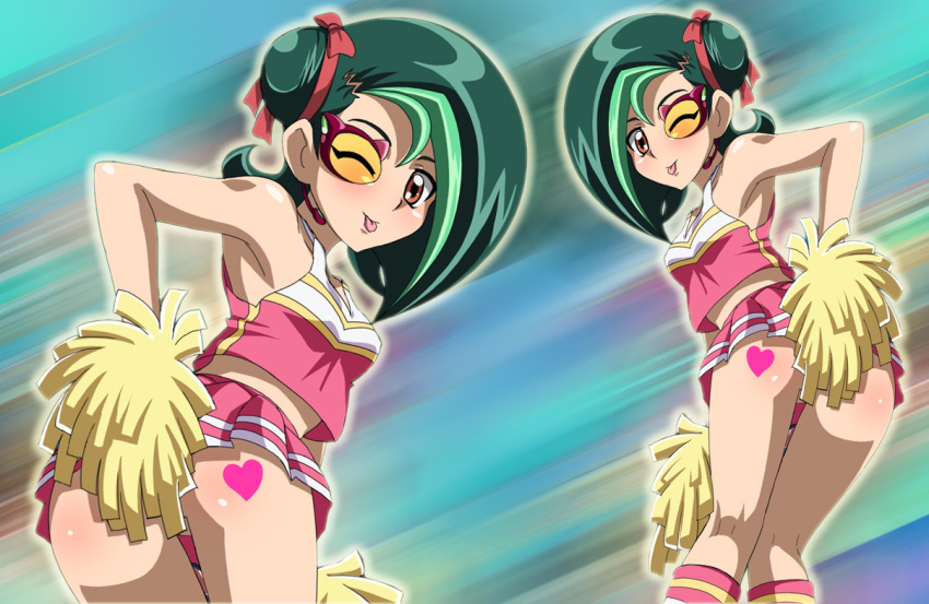 cheerleader duel_gazer female female_only kotori_mizuki looking_at_viewer looking_back straw_(artist) tongue_out tori_meadows yu-gi-oh! yu-gi-oh!_zexal