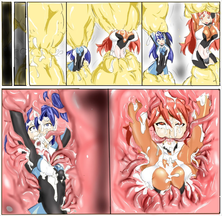 2girls amou_kanade blue_eyes blue_hair bodysuit color kazanari_tsubasa multiple_girls red_eyes red_hair restrained senki_zesshou_symphogear tentacle_rape vore