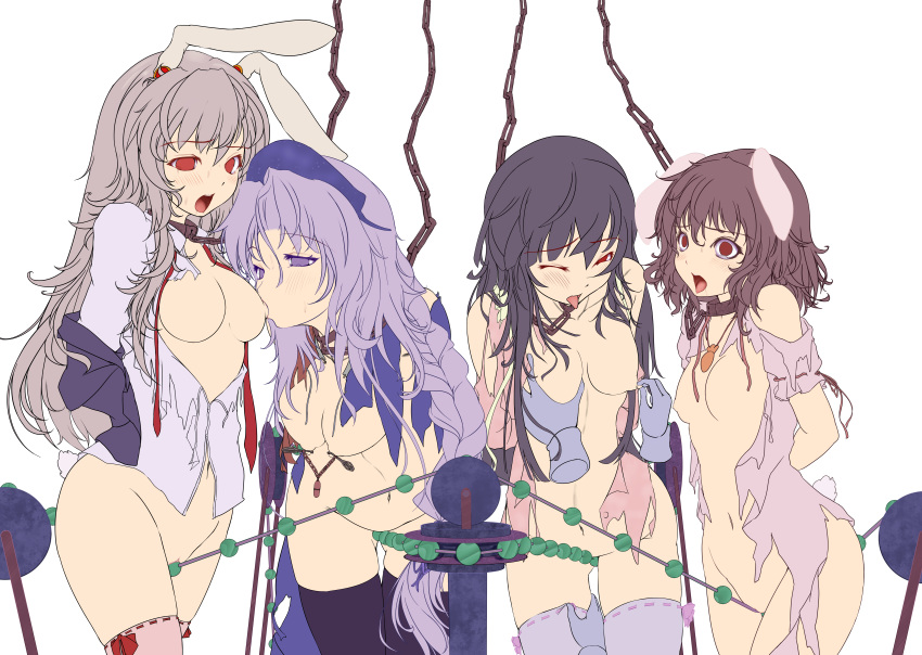 4girls animal_ear artist_request bead_sex_machine blank_eyes bondage breast_sucking breasts bunny_ear chains collar eirin_yagokoro empty_eyes female femsub hands high_resolution kaguya_houraisan monikano multiple_girls multiple_subs nipple_clamps nipple_tweak nipples no_bra no_panties reisen_udongein_inaba tewi_inaba thighhighs torn_clothes touhou work_in_progress yuri