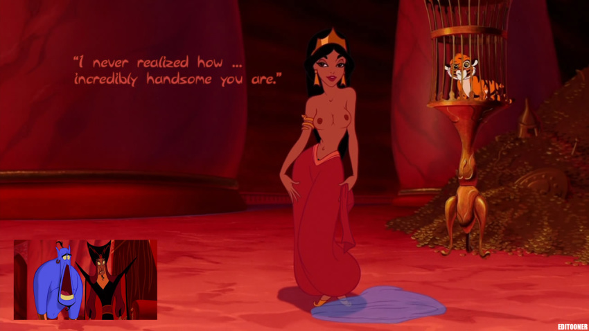 aladdin arabian_clothes cub disney disney_princess disney_villains edit editooner evil_queen_jasmine female genie genie_(aladdin) harem_outfit human inviting_to_sex jafar nipples princess_jasmine rajah tagme tiger