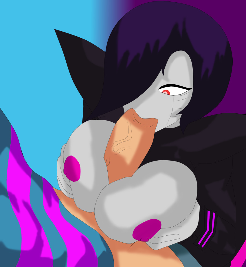 1girls big_breasts blowjob breasts fellatio female female_focus frisk genderswap grey_body hair_over_one_eye huge_breasts human large_breasts mettaton mettaton_ex nipples oral oral_sex paizuri paizuri_fellatio purple_nipples red_eyes robot robot_girl robot_humanoid rule_63 straight striped_shirt tagme titfuck-blowjob titjob undertale unknown_artist