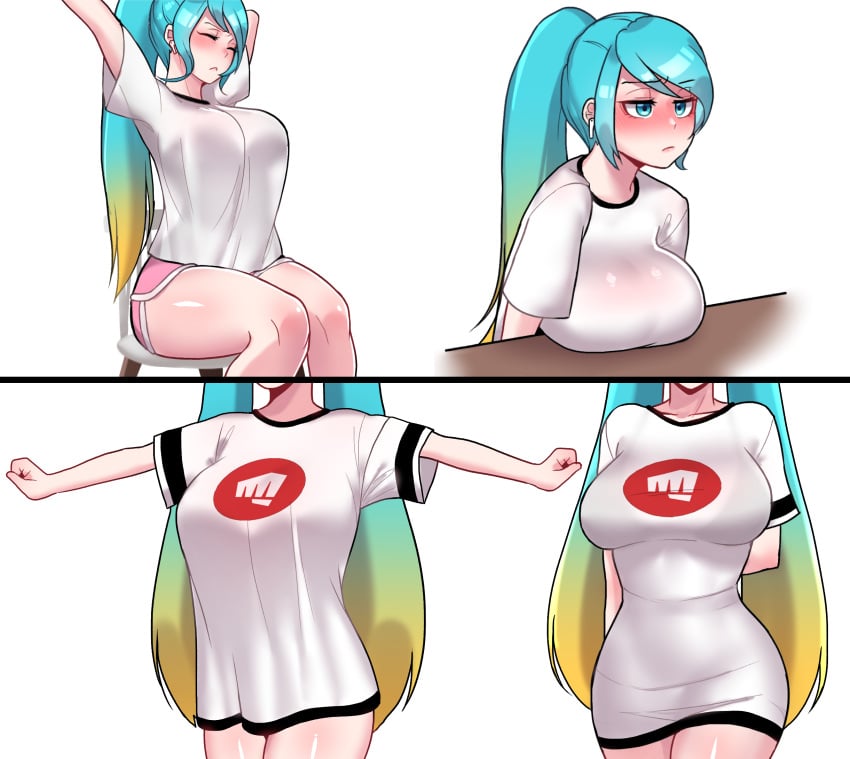 aqua_hair big_breasts blue_eyes blue_hair blush dochi female gradient_hair hidden_curves league_of_legends long_hair long_twintails loose_shirt multicolored_hair oversized_shirt ponytail riot_games shirt_tighten_meme sona_buvelle t-shirt/pajamas_challenge tagme thick_thighs twintails