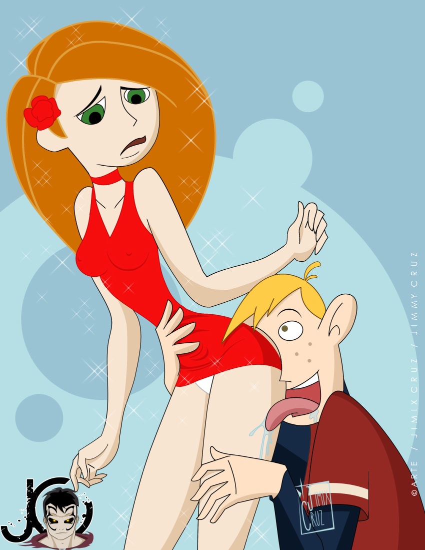 dibujox disney disney_channel emma-erotic female hair_flower human kim_possible kimberly_ann_possible licking male medium_breasts minidress nipple_bulge panties pokies red_dress ron_stoppable short_dress straight