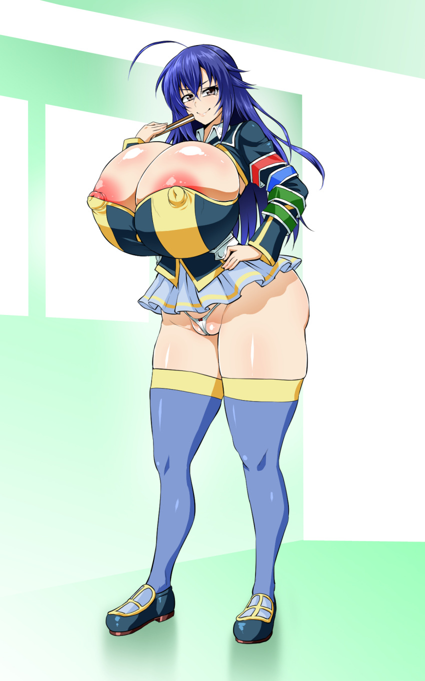 ahemaru areola areolae bimbo blue_hair breasts bursting_breasts erect_nipples hips huge_areolae huge_breasts huge_hips huge_nipples huge_thighs hyper_breasts kurokami_medaka large_breasts long_hair looking_at_viewer medaka_box milf naughty_face nipple_slip nipples panties pussy school_uniform tagme thick_thighs thighhighs thighs wide_hips