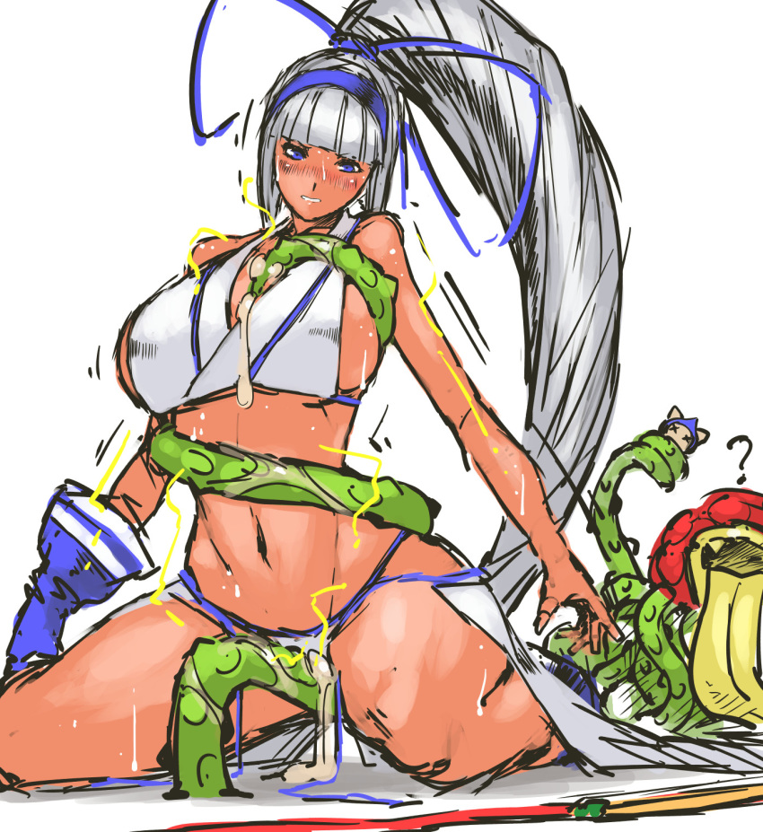 1girls ? ambiguous_penetration bangs between_breasts bikini blue_eyes blue_gloves blunt_bangs breast_grab breasts chibi_inset covered_penetration crossover cum electricity female gloves hair_ribbon hairband highres huge_breasts implied_penetration implied_sex kneeling long_hair majikina_mina midriff monster nameo_(judgemasterkou) navel oral ponytail restrained ribbon rose_butler samurai_shodown sex_under_clothes sex_under_skirt showgirl_skirt sideboob silver_hair single_glove sketch skirt solo_focus sweat swimsuit tan tentacle_between_breasts tentacle_under_skirt tentacles tentacles_under_clothes tied_hair very_long_hair vines