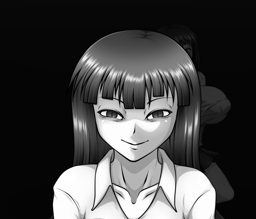 black_hair face_focus female huge_breasts long_hair monochrome monoe pale-skinned_female pale_skin shirt smile solo yume_nikki