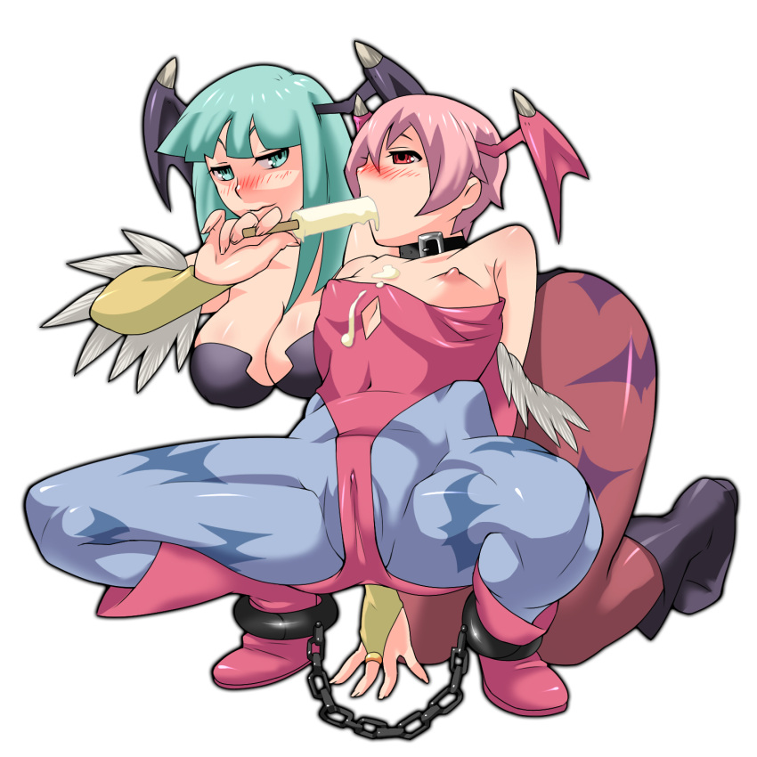 2girls blush bondage breasts cameltoe capcom clothing darkstalkers erect_nipples erect_nipples_under_clothes flat_chest head_wings highres large_breasts lilith_aensland morrigan_aensland multiple_girls nipple_slip nipples ojo_(dfreak) popsicle sexually_suggestive sisters small_breasts succubus