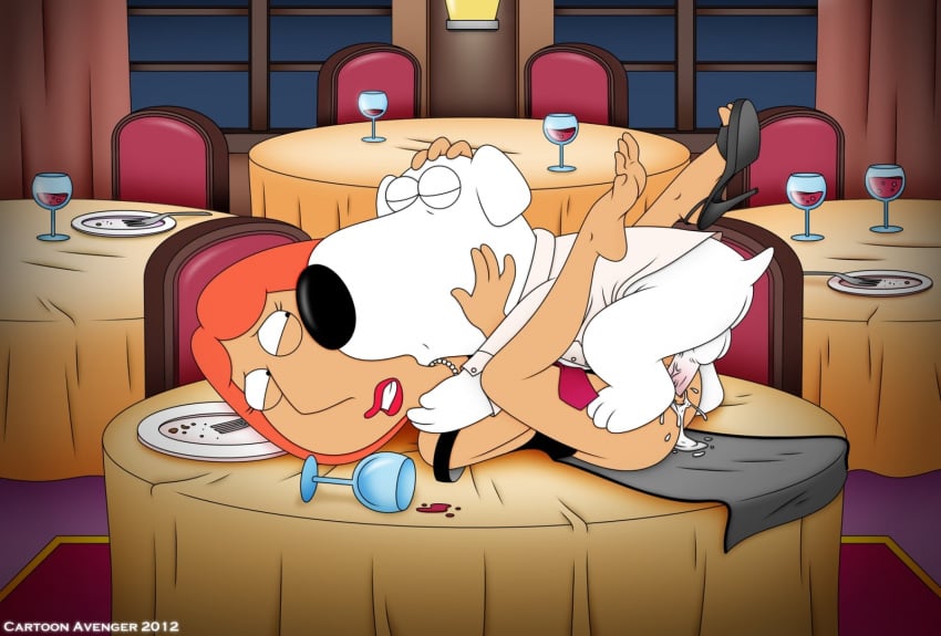 alcohol barefoot bottomless brian_griffin canine cartoon_avenger clenched_teeth closed_eyes clothes cum cum_in_pussy cum_inside dress family_guy feet female forced half-closed_eyes high_heels human human_on_anthro interspecies lipstick lois_griffin makeup male mammal milf necklace no_panties on_back one_shoe orgasm penis red_lipstick single_shoe straight table testicles vaginal_penetration veiny_penis