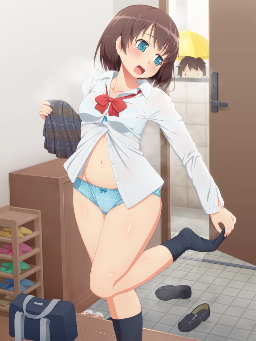 bag blue_eyes bra brown_hair door highres original panties peeping plaid plaid_skirt rain school_uniform see-through shoes short_hair skirt skirt_removed slippers smile sock_pull socks tachimi_(basue) umbrella underwear wet wet_clothes |_|