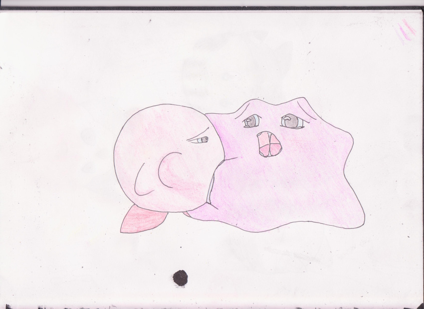 color crossover ditto interspecies kirby kirby_(series) male nude pink_skin pokemon pokemon_(species) sexless side_view sucking tagme traditional_media_(artwork)