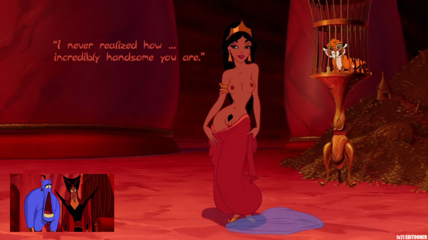 aladdin arabian_clothes cub disney disney_princess disney_villains edit editooner evil_queen_jasmine female female_pubic_hair genie genie_(aladdin) harem_outfit human jafar jafar_harem_outfit nipples princess_jasmine pubic_hair rajah tagme tiger