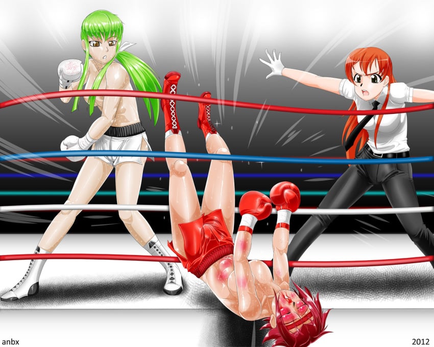 3girls arena beaten beige_skin blood boxing boxing_gloves boxing_match boxing_ring boxing_skirt breasts brown_eyes bruise bruises c.c. catfight code_geass defeated female female_only fight fighting_ring footwear fully_clothed gloves green_hair headband kallen_stadtfeld knocked_out light-skinned_female light_green_hair light_skin long_hair mostly_nude multiple_girls nipples open_mouth pale-skinned_female pale_skin pants pugilismx red_boxing_gloves red_gloves red_hair referee shiny_skin shirley_fenette shirt shoes short_hair thick thick_thighs thighs tie topless topless_boxing trio white_boxing_gloves white_gloves wide_hips