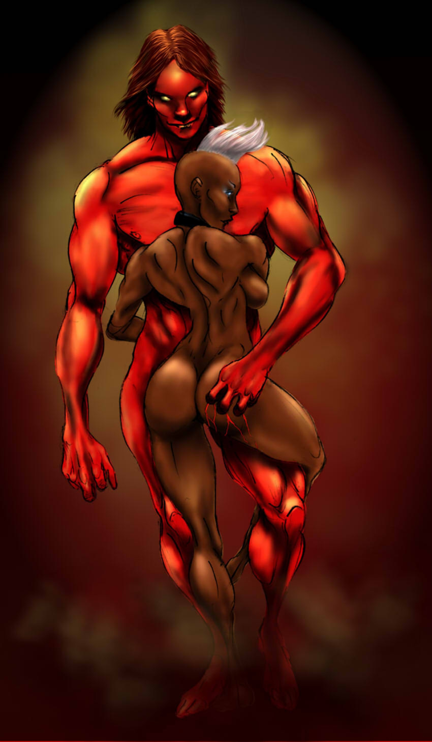 1boy 1girls ass athletic athletic_female athletic_male backboob blood breasts brown_hair brown_skin collar dark-skinned_female dark_skin dat_ass dominant_male embrace female glowing_eyes hair human human_on_humanoid humanoid injury interracial interspecies large_breasts male male_focus marvel marvel_comics mephisto_(marvel) mohawk muscular muscular_female muscular_male no_irises nude ororo_munroe perky_breasts red-skinned_male red_skin selkirk short_hair sideboob size_difference smirk storm_(x-men) taller_male two_tone_hair white_hair x-men yellow_eyes yellow_sclera