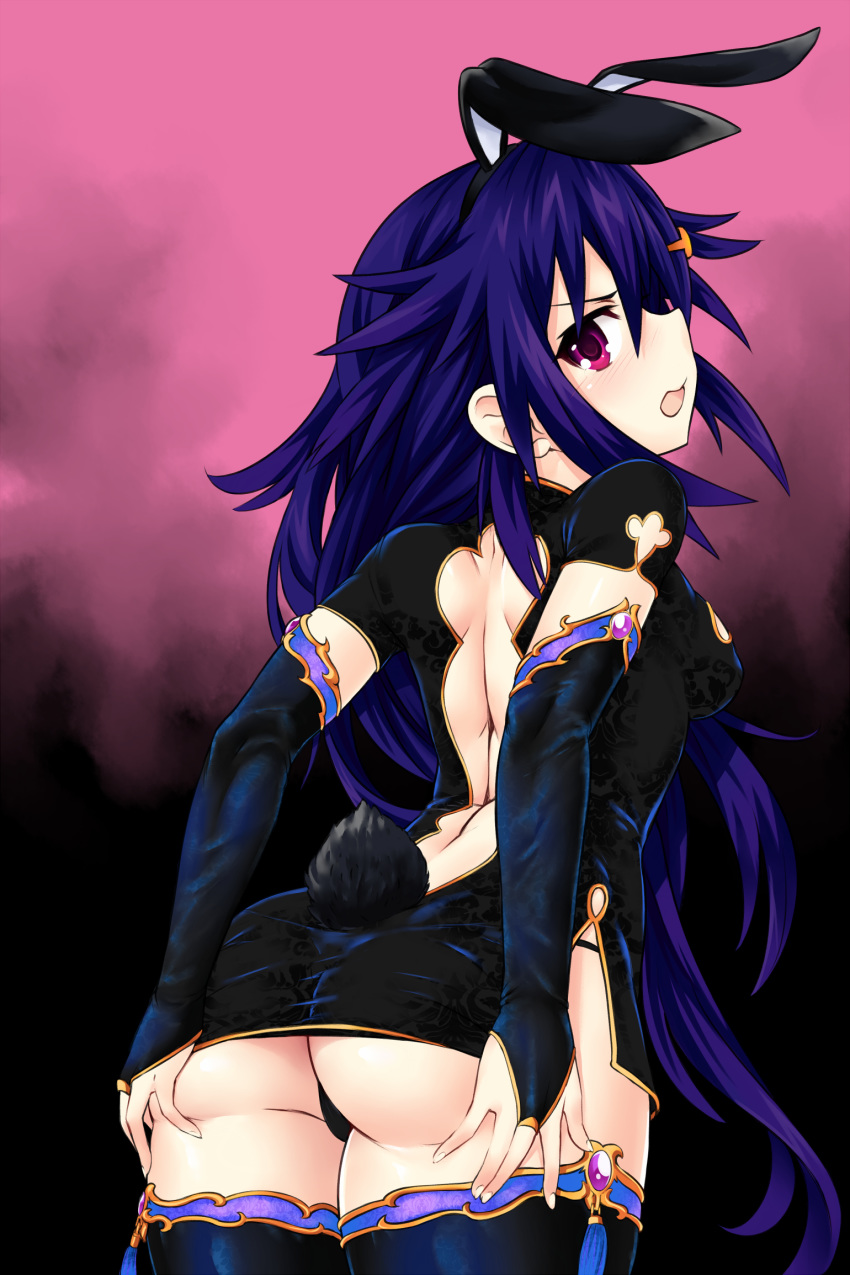 alternate_costume animal_ears ass back black_dress blue_hair blush breasts bunny_ears bunny_tail china_dress chinese_clothes commentary cowboy_shot dress elbow_gloves embarrassed female frills gloves gradient gradient_background hair_ornament hairclip highres jewelry kurome_ankokuboshi long_hair looking_at_viewer medium_breasts neptunia_(series) open_mouth paid_reward panties patreon_reward pink_background sereneandsilent shiny shiny_hair shiny_skin solo tail thighhighs thighs underwear