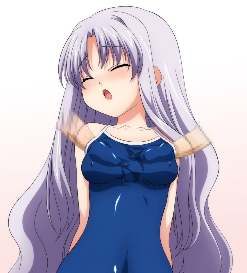 azmaria_hendric blush censored chrono_crusade closed_eyes clothes_penetration clothesjob cum cum_in_clothes cum_on_clothes cum_on_swimsuit highres latex long_hair one-piece one-piece_swimsuit outercourse penis purple_hair school_swimsuit sugimura_tomokazu swimsuit